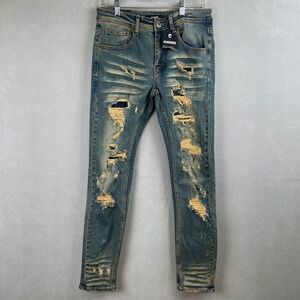 Kindred Mens Modern Skinny Fit Distressed Ripped Blue Jeans Edgy Moto 30x32 NEW